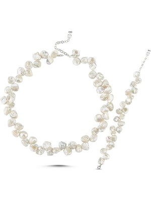 Taş Barok Doğal Inci Kolye Bileklik Ikili Set