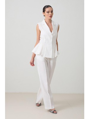 Ekru %100 Keten Bel Ve Yaka Detaylı Yelek Rahat Kesim Pantolonlu Takım