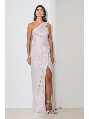 Taş Asimetrik Omuz, Belden Detaylı Tam Kalıp Uzun Abiye Elbise