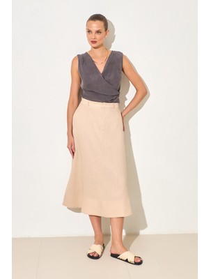 Bej %100 Keten Bel Detaylı Rahat Kesim Etek