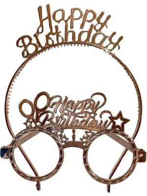 Happy Birthday Tac Gözlük Seti Rose Gold Renk Parti Aksesuar