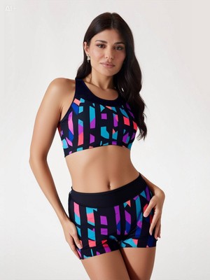Hazelin Kadın Çok Renkli Yüzücü Bikini Takım Şortlu Büstiyer HZL23S-AR17541 Modern Desenli