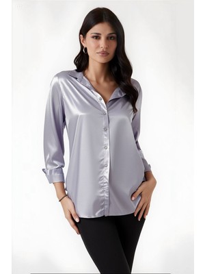 Hazelin Kadın Gri Hafif Dökümlü Saten Yüzeyli Gömlek HZL22W-BD139641