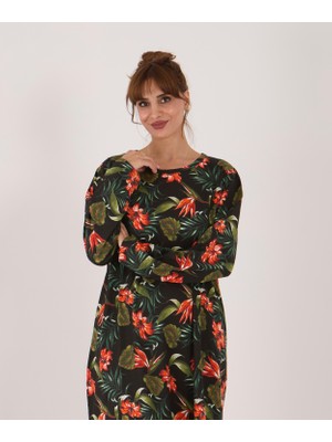 Uzun Kollu Pamuklu Süprem Kumaş Midi Boy Elbise