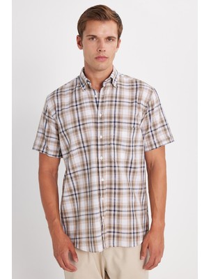 Tudors Erkek Regular Fit Klasik Kesim Oversize %100 Pamuk Keten Doku Cepli Kareli Kısa Kollu Düğmeli Yaka Gömlek