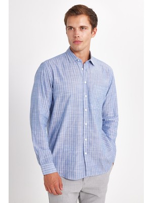Tudors Erkek Regular Fit Klasik Kesim Oversize Uzun Kollu %100 Pamuk Keten Doku Tek Cepli Çizgili Mavi Gömlek