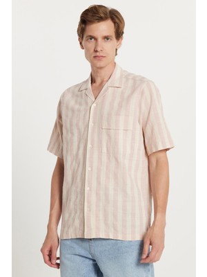 Erkek Regular Fit Klasik Kesim Kısa Kollu Apaş Yaka Çizgili Cepli %100 Pamuk Gömlek