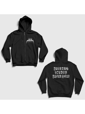 Presmono Unisex Siyah Louder Than Hell Abigail Sırt Baskılı Fermuarlı Kapüşonlu Sweatshirt