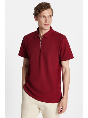 Erkek Slim Fit Dar Kesim %100 Pamuk Fermuarlı Bordo Polo Yaka Tişört