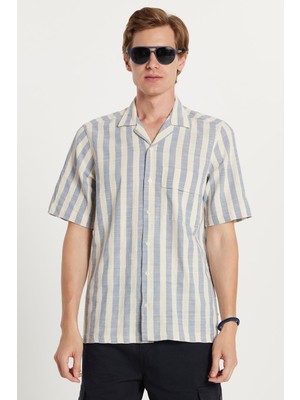 Erkek Regular Fit Klasik Kesim Kısa Kollu Apaş Yaka Çizgili Cepli %100 Pamuk Gömlek