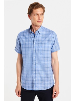 Erkek Regular Fit Klasik Kesim Pamuklu Tek Cepli Ekoseli Düğmeli Yaka Gömlek