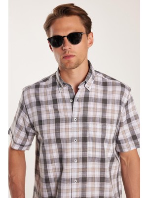 Tudors Erkek Regular Fit Klasik Kesim Oversize %100 Pamuk Keten Doku Cepli Kareli Kısa Kollu Düğmeli Yaka Gömlek