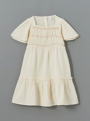 Lcw Kids Ekru Basic Müslin Büzgülü Kız Çocuk  Elbise
