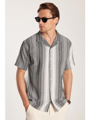 Relax Fit Oversize Dökümlü Rahat Kalıp Çizgili Keten Efekt Erkek Gömlek