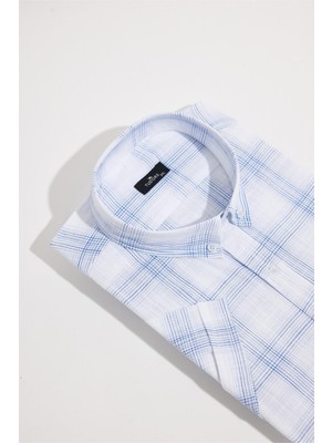 Erkek Büyük Beden Yaka Düğmeli Kareli Keten Efektli Kısa Kollu Gömlek