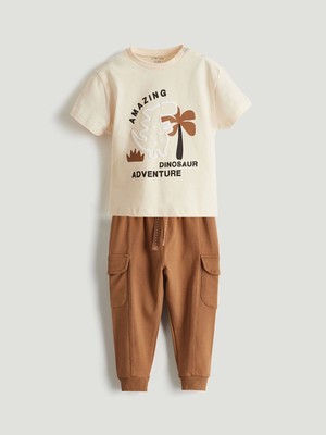 Lcw Baby Bej Dinazor Baskılı Erkek Bebek Tişört ve Pantolon 2'li