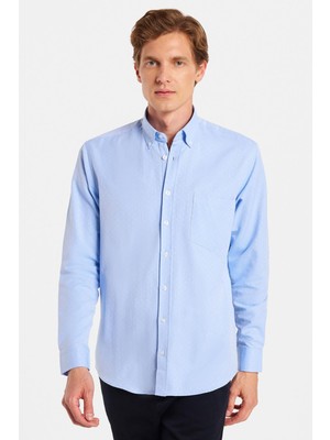 ​​​​​​​ erkek Regular Fit Klasik Kesim Pamuklu Kolay Ütü Armürlü mavi Düğmeli Yaka Gömlek