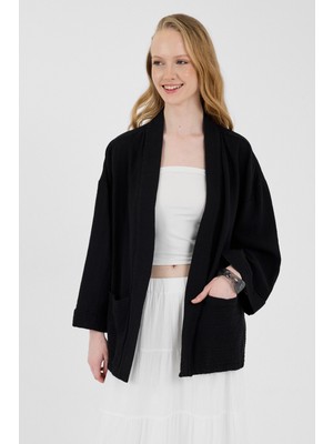 Siyah %100 Pamuk Cepli Müslin Kimono 8065A