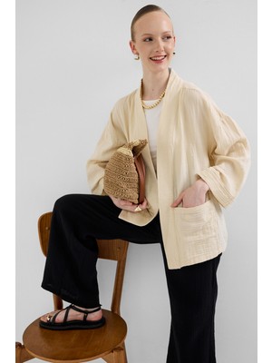 Taş %100 Pamuk Cepli Müslin Kimono 8065A