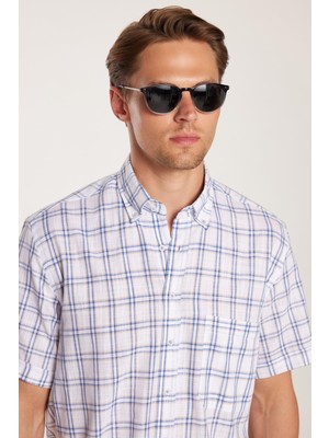 Tudors Erkek Regular Fit Klasik Kesim Oversize %100 Pamuk Keten Doku Cepli Kareli Kısa Kollu Düğmeli Yaka Gömlek