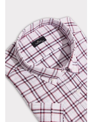 Tudors Erkek Yaka Düğmeli Kareli Keten Efektli Kısa Kollu Gömlek 3XL Multicolor Rahat Stil