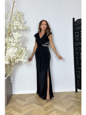 G1512 Taş Detaylı Simli Maksi Abiye Elbise Siyah Siyah