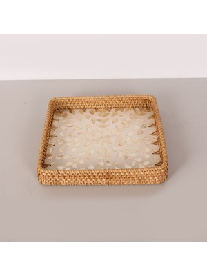 Mylamp Kare Kremy 28X28X3 Sedefli Rattan Tepsi & Duvar Dekoru