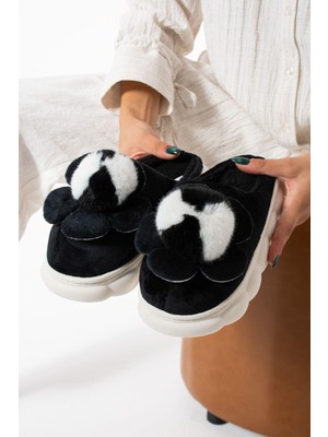 Siyah Papatya Kadın Terlik Ev ve Dış Mekan Bahçe Balkon Terliği