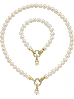 Birinci1926 Halka Kilitli Doğal İnci Kolye Bileklik İkili Set