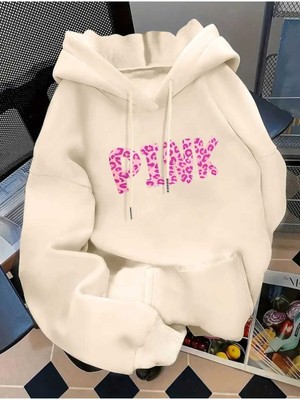 Pink Desen Baskılı Kapüşonlu Cepli Pamuklu Bej Sweatshirt