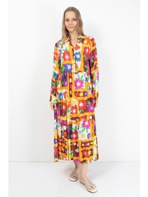 Rengarenk Çiçek Desenli Kadın Midi Elbise Viskon Kumaş