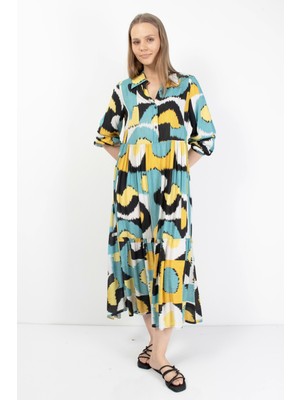 Renkli Desenli Midi Elbise Kadın Yazlık Şık Tunik