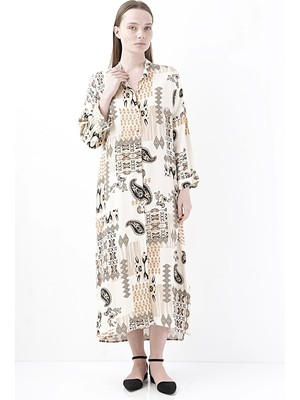 Zarif Bohem Bej Desenli Midi Elbise