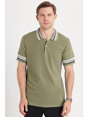 Erkek Slim Fit Dar Kesim %100 Pamuk Düz Pike Yaka ve Kol Detaylı Haki Polo Yaka Tişört