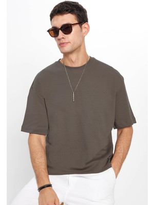 Unisex Oversize Geniş Kesim %100 Pamuk Yumuşak Dokulu Basic Bisiklet Yaka Füme Tişört