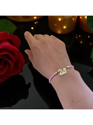 14 Ayar Altın Plakalı Atatürk Temalı Pembe Örgülü Kuğu Kuşu Motifli Hediye BILEKLIK-609SEMBOL