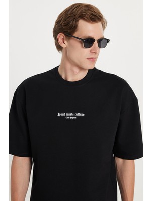 Erkek Oversize Geniş Kesim Pamuklu Baskılı Bisiklet Yaka Siyah Tişört