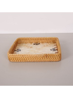 Mylamp Kare 23X23X3 cm Sedefli Rattan Tepsi & Duvar Dekoru
