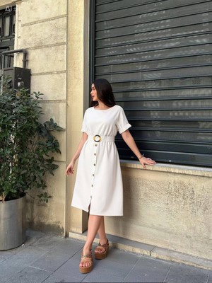 Hazelin Kadın Krem Kemerli Düğmeli Yazlık Keten Viskon Elbise HZL23S-BD123891
