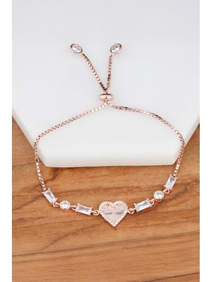 Silverplus Rose Renk Kalp Zirkon Taşlı Gümüş Bayan Bileklik