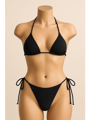 ALFA AKSESUAR 03 Kadın Siyah Yandan ve Boyundan Bağlamalı Bikini Mayo Takımı