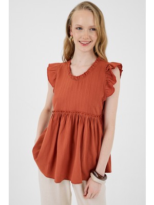 Kiremit Fırfır Kol Detaylı Bluz 8053A