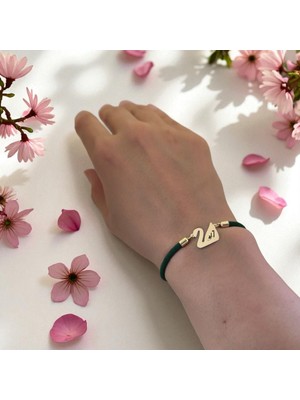 Archin H Harfine Özel Koyu Yeşil Örgülü Kuğu Kuşu Figürlü 14 Ayar Altın Plakalı Hediye BILEKLIK-607HARF