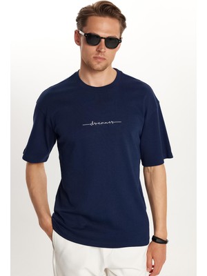 Erkek Slim Fit Dar Kesim Pamuklu Baskılı Lacivert Bisiklet Yaka Tişört