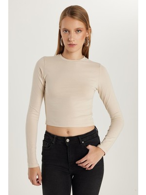 Kadın Slim Fit Pamuklu Düz Bisiklet Yaka Taş Bluz