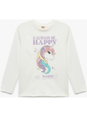 Pamuklu Uzun Kollu Bisiklet Yaka Unicorn Baskılı Tişört