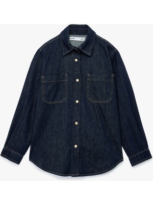 Cep Detaylı Uzun Kollu Klasik Yaka Denim Gömlek