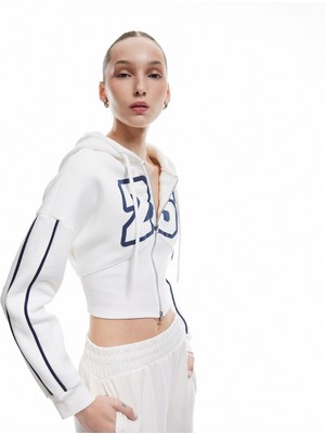 Şardonlu Fermuarlı Korse Detaylı Baskılı Kapüşonlu Sweatshirt