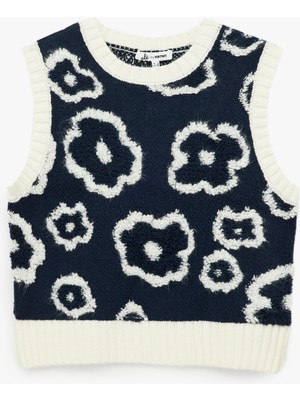 Bisiklet Yaka Çiçekli Kolsuz Triko Süveter