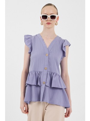 Lila V Yaka Düğmeli Fırfır Kol Bluz 8052A